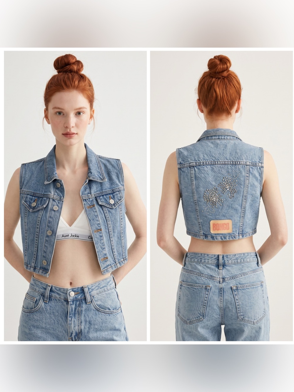 Bongo Vintage Y2K Cropped Light Blue Denim Beaded Vest. Western. Festival. Rave